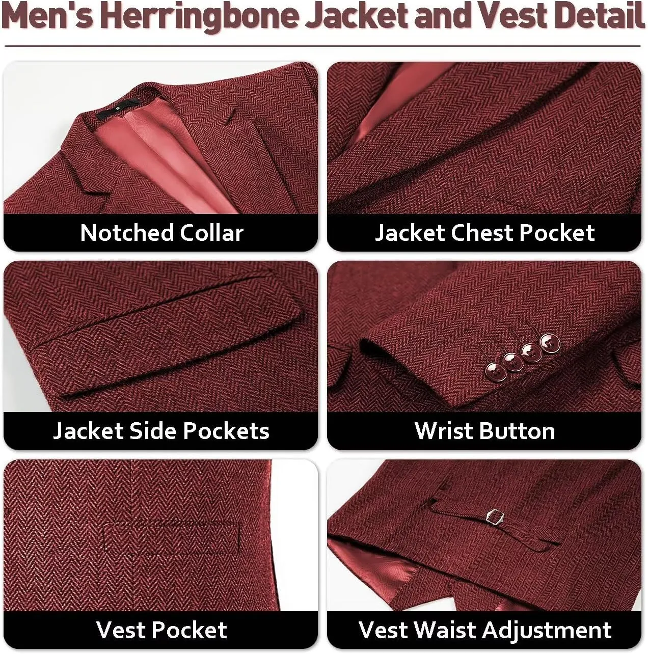 Mens Tweed Herringbone Suit Slim Fit 3 Pieces Mens Wedding Party Suit Groomsmen Tuxedos Prom Suit Jacket Vest Pants