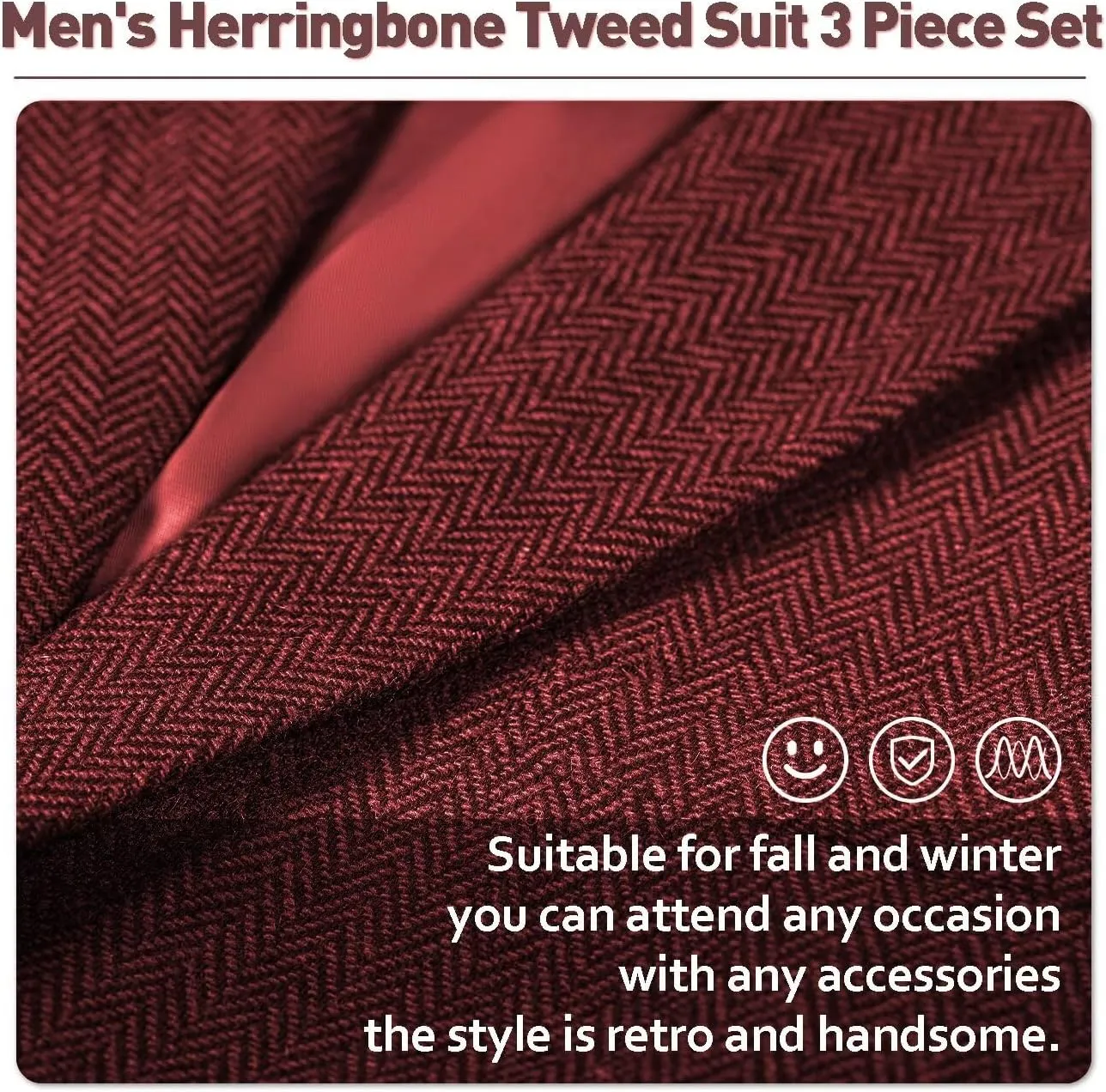 Mens Tweed Herringbone Suit Slim Fit 3 Pieces Mens Wedding Party Suit Groomsmen Tuxedos Prom Suit Jacket Vest Pants