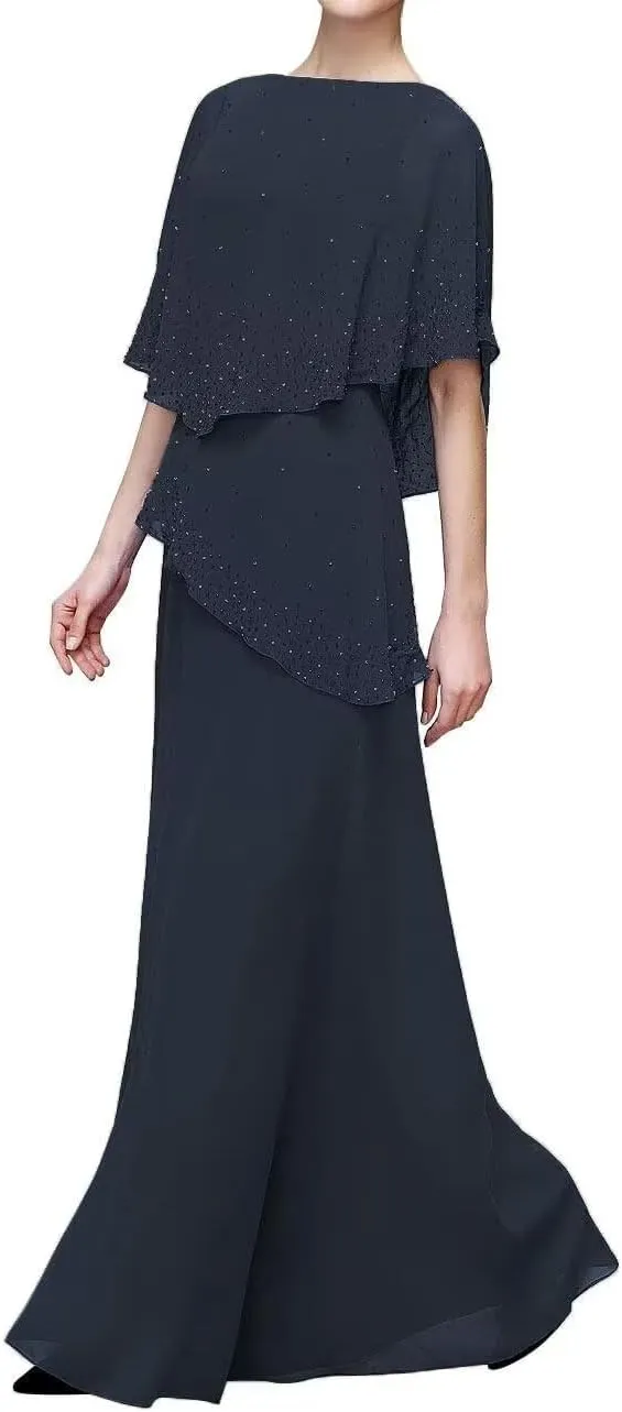 Mother of The Bride Dresses Chiffon Overlay Cape Formal Evening Gowns for Women Wedding Guest Dress