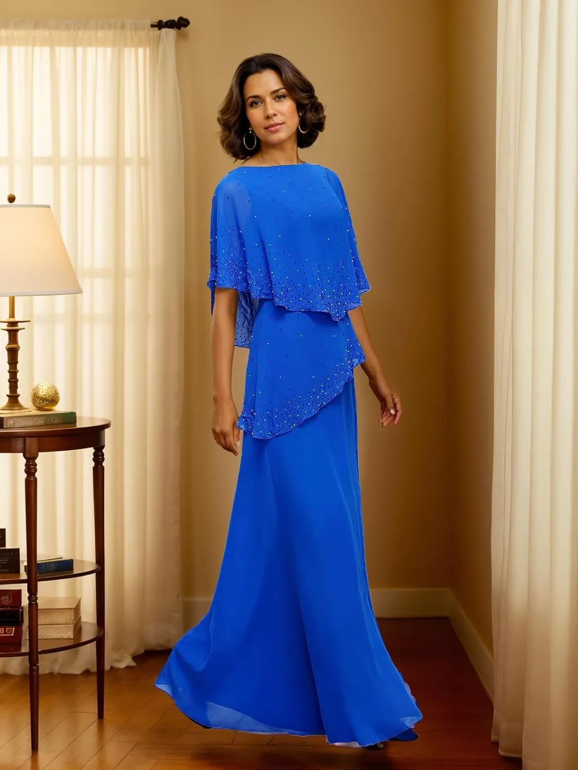 Mother of The Bride Dresses Chiffon Overlay Cape Formal Evening Gowns for Women Wedding Guest Dress