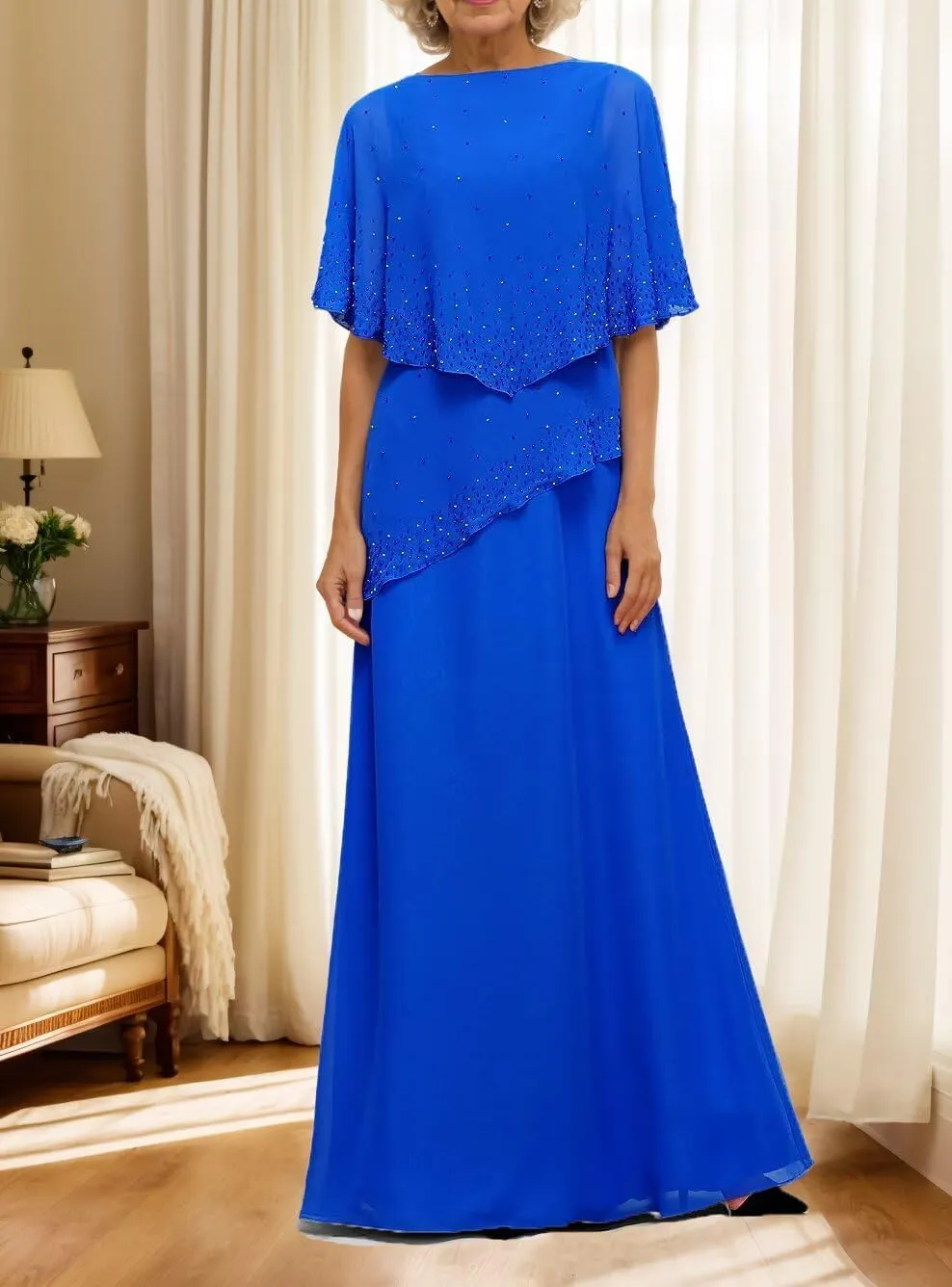 Mother of The Bride Dresses Chiffon Overlay Cape Formal Evening Gowns for Women Wedding Guest Dress