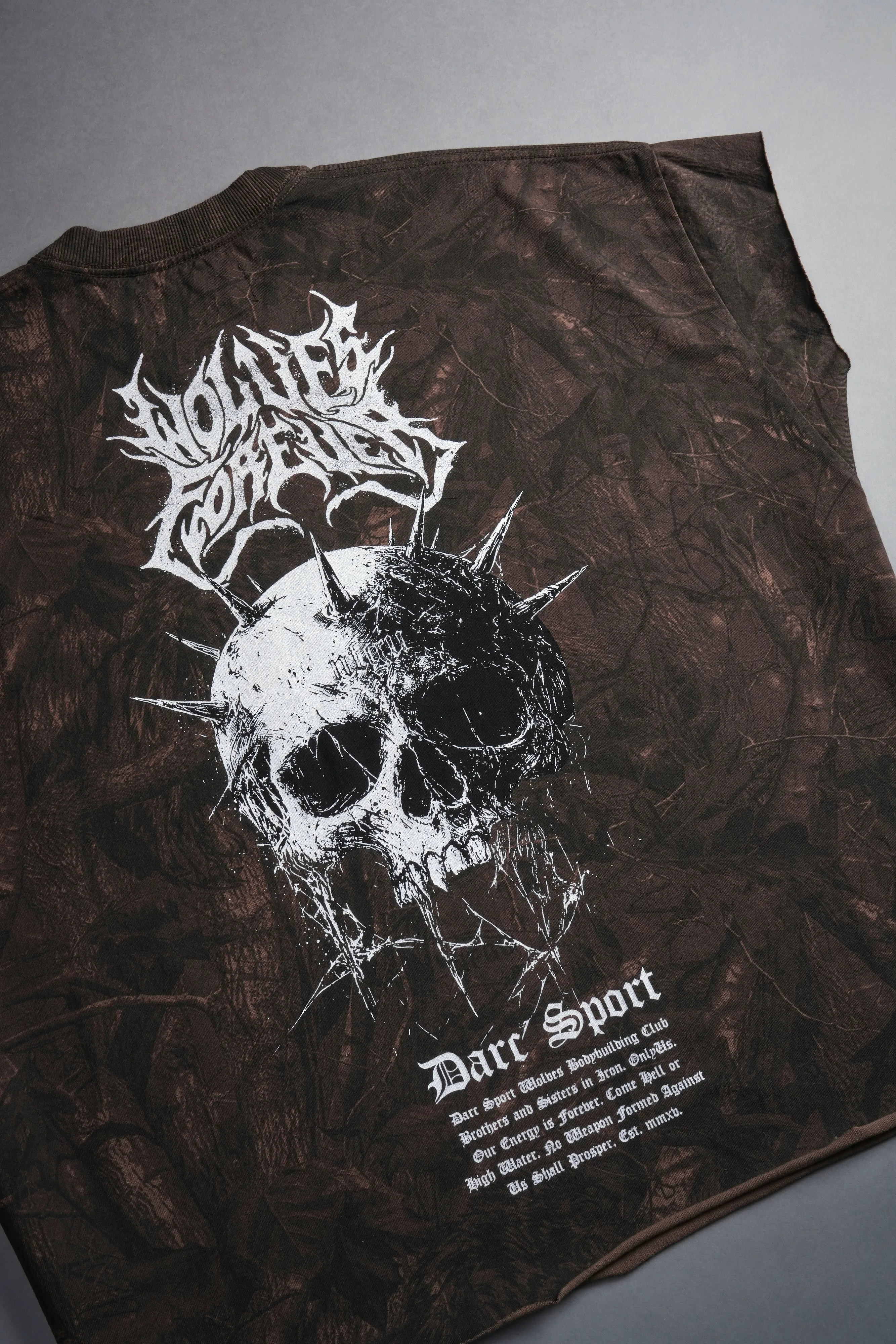 Mourning Star "Grunge" Cut Off Tee in Brown Driftwood Forest Camo