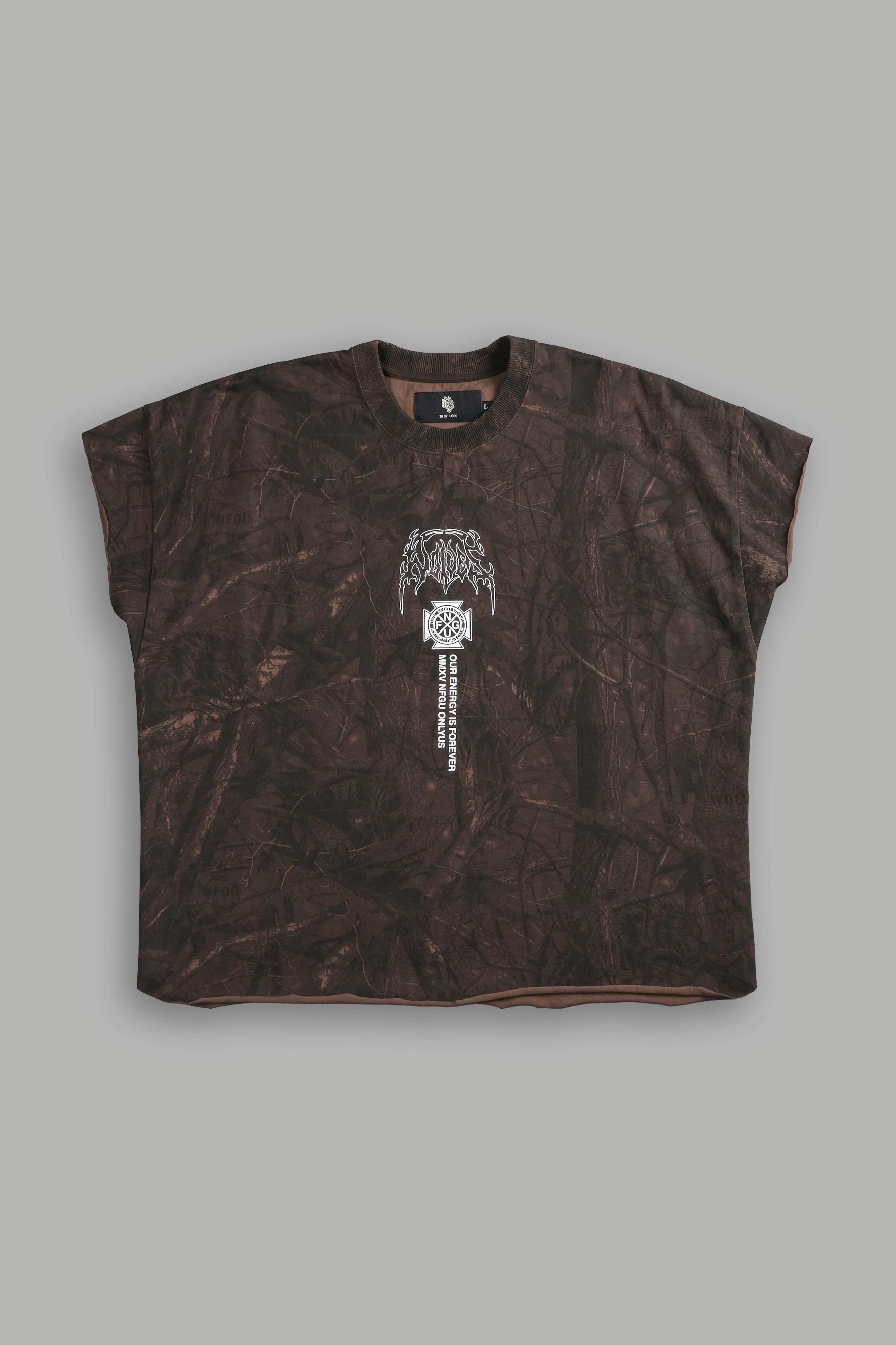 Mourning Star "Grunge" Cut Off Tee in Brown Driftwood Forest Camo