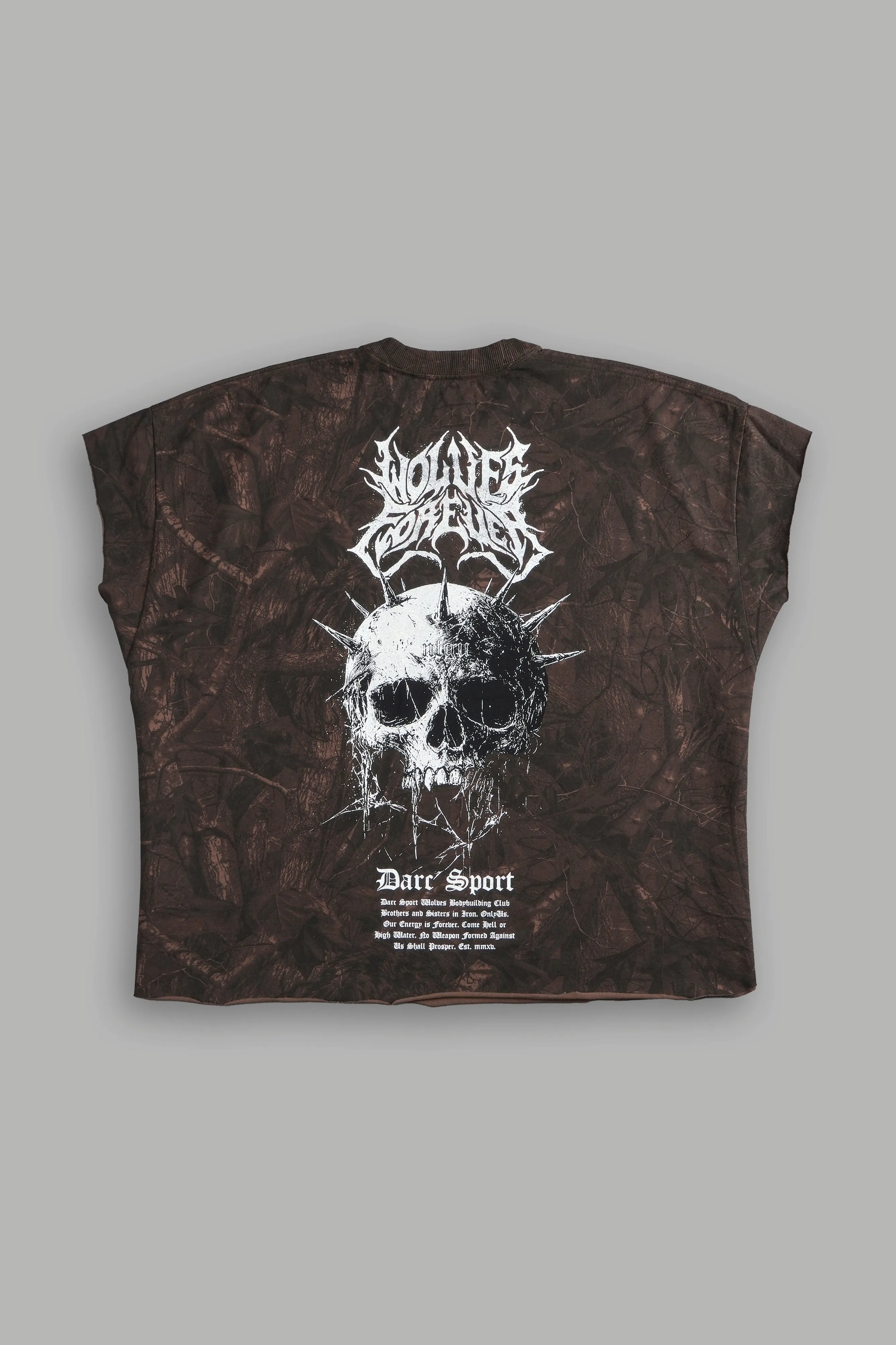 Mourning Star "Grunge" Cut Off Tee in Brown Driftwood Forest Camo
