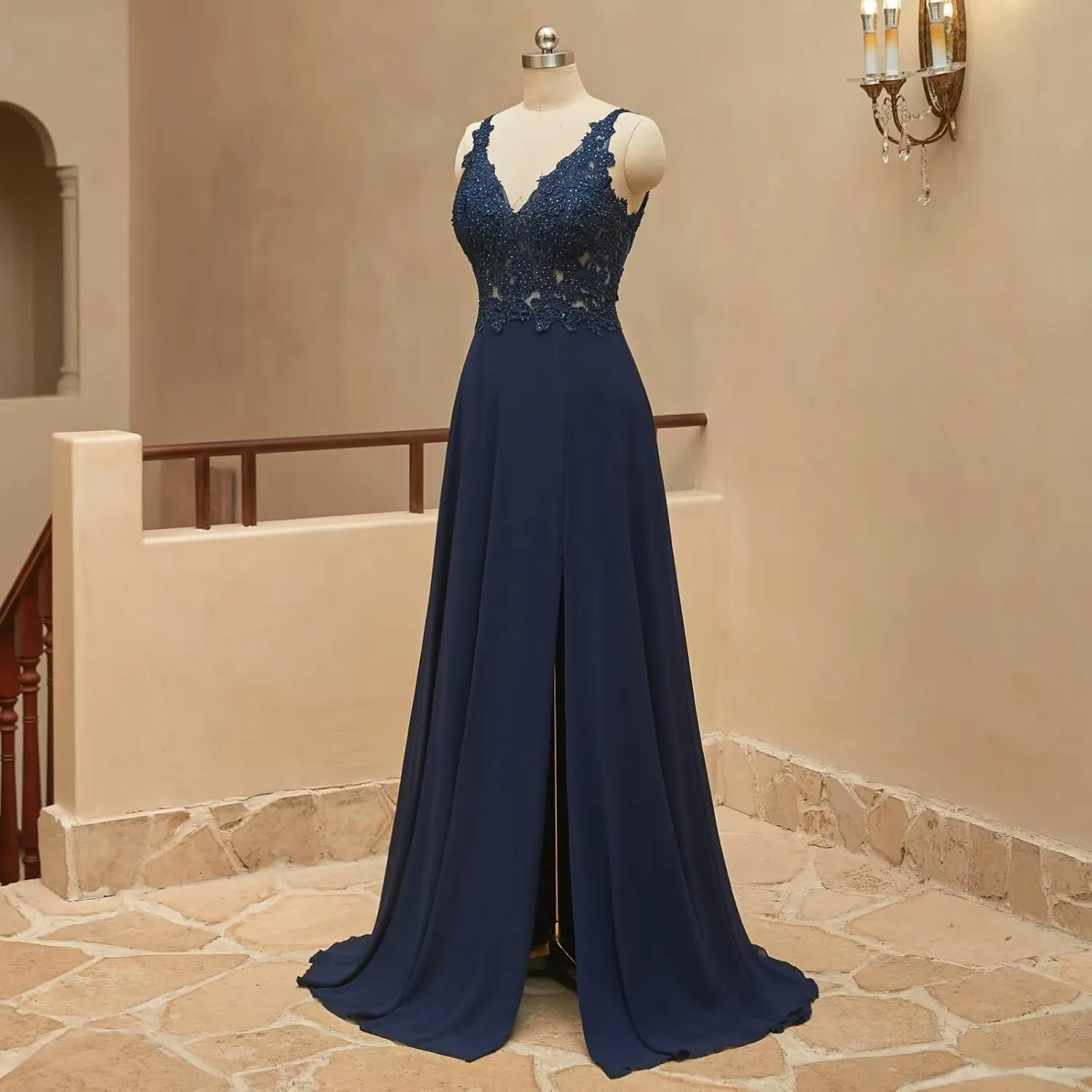 MYDRESS Lace Applique Chiffon Bridesmaid Dresses Long V Neck Prom Dresses with Slit A Line Formal Evening Gowns