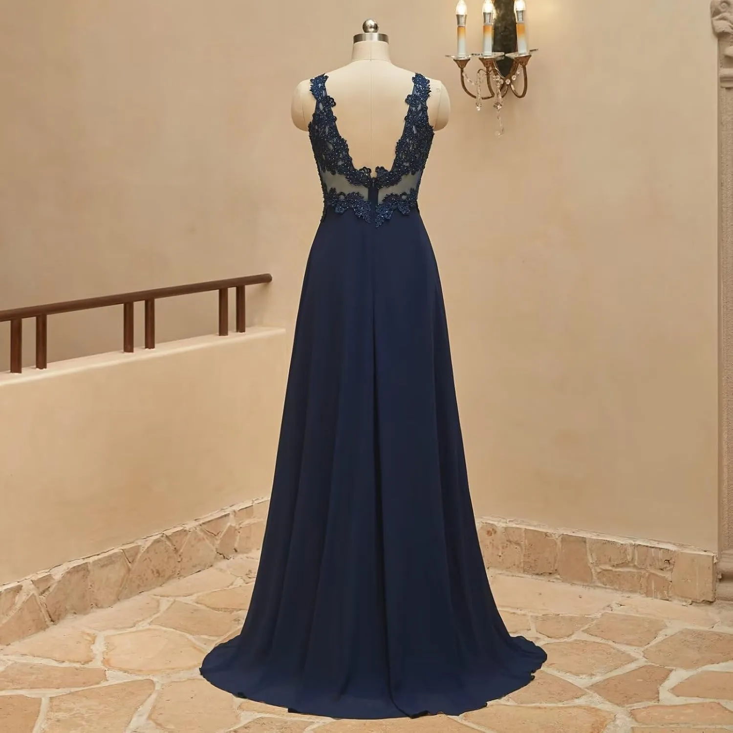MYDRESS Lace Applique Chiffon Bridesmaid Dresses Long V Neck Prom Dresses with Slit A Line Formal Evening Gowns