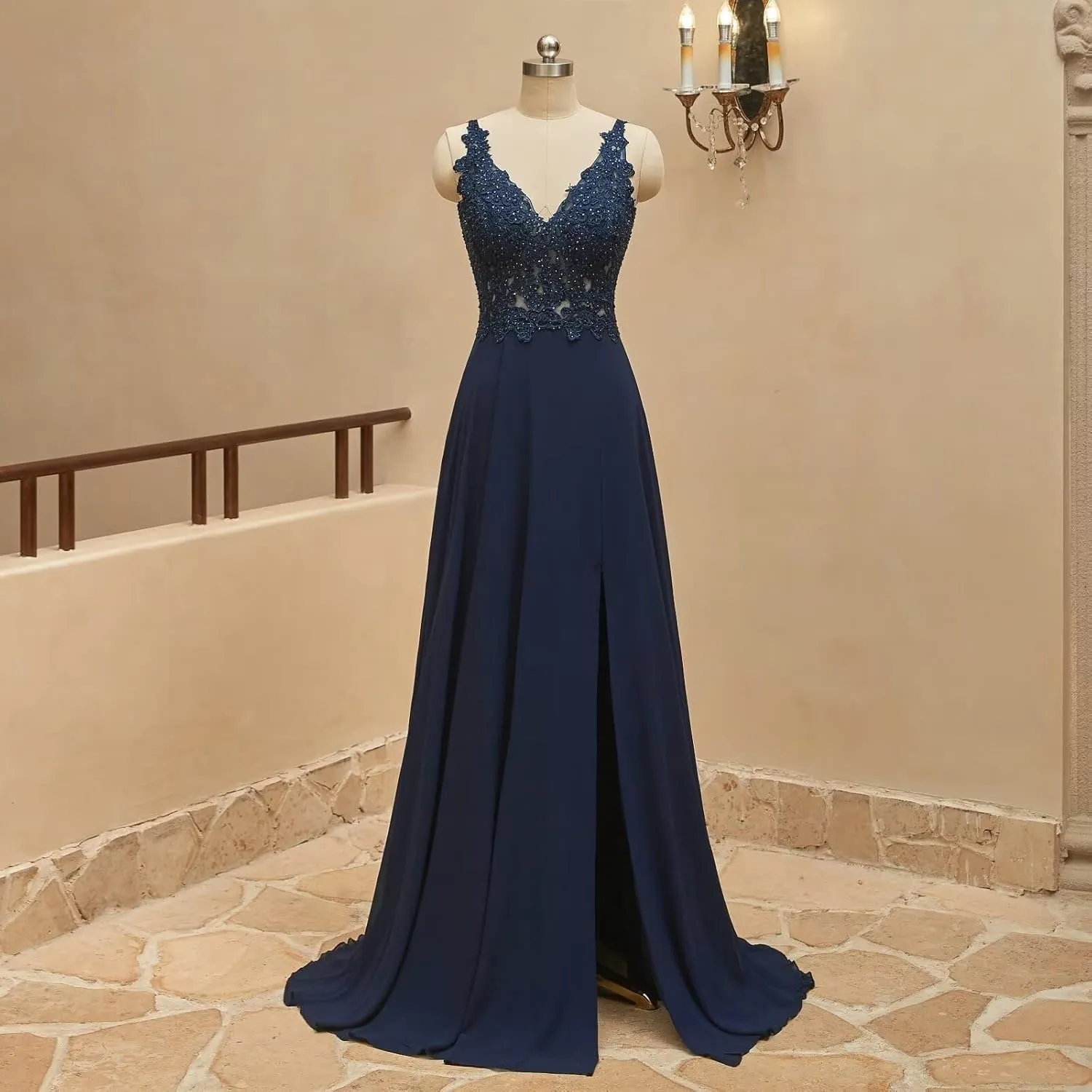 MYDRESS Lace Applique Chiffon Bridesmaid Dresses Long V Neck Prom Dresses with Slit A Line Formal Evening Gowns