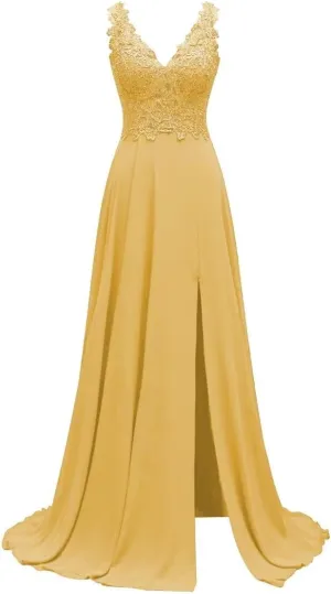 MYDRESS Lace Applique Chiffon Bridesmaid Dresses Long V Neck Prom Dresses with Slit A Line Formal Evening Gowns