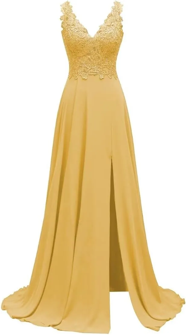 MYDRESS Lace Applique Chiffon Bridesmaid Dresses Long V Neck Prom Dresses with Slit A Line Formal Evening Gowns