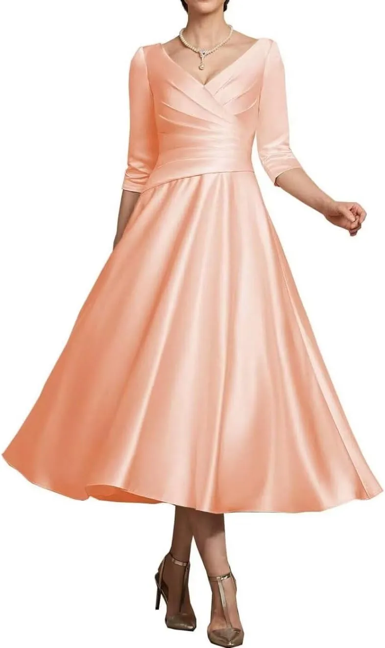 NABN Women's 3/4 Sleeves Prom Dresses Tea Length Mother of The Bride Dress Satin Formal Party Evening Gowns