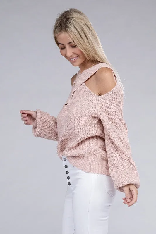 NUVI APPAREL Crossed Open Shoulder Sweater