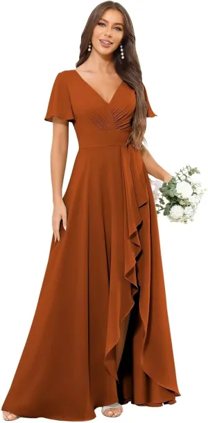 OFEYCHUN Short Sleeve Bridesmaid Dresses for Wedding with Ruffle Slit V Neck Chiffon Long Formal Dress