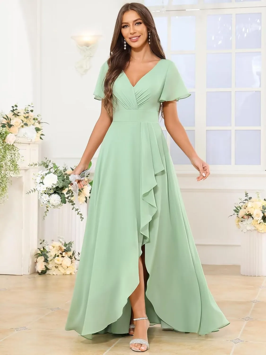 OFEYCHUN Short Sleeve Bridesmaid Dresses for Wedding with Ruffle Slit V Neck Chiffon Long Formal Dress