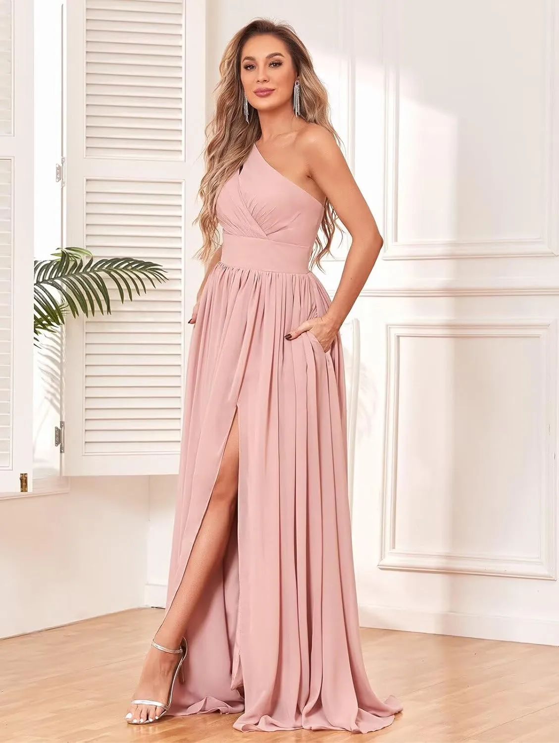 One Shoulder Bridesmaid Dresses for Wedding 2025 A Line Summer Chiffon Formal Evening Dresses Long with Slit