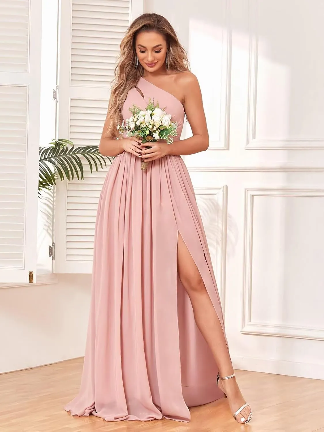 One Shoulder Bridesmaid Dresses for Wedding 2025 A Line Summer Chiffon Formal Evening Dresses Long with Slit