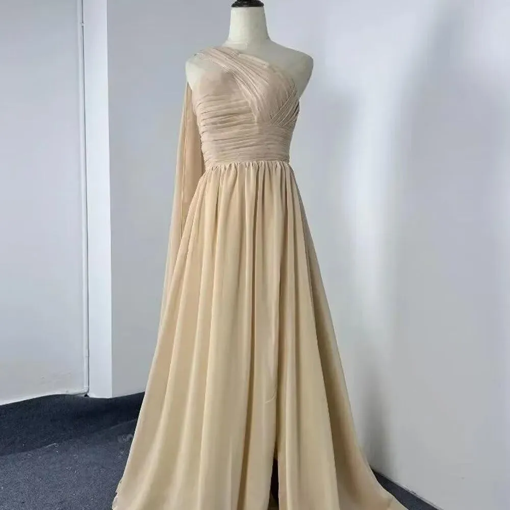 One Shoulder Chiffon Bridesmaid Dresses for Wedding Long Slit Prom Evening Dress with Pocket