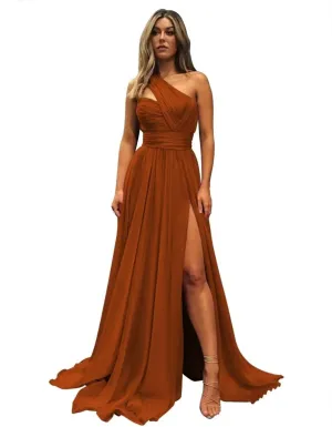 One Shoulder Chiffon Bridesmaid Dresses for Wedding Long Slit Prom Evening Dress with Pocket