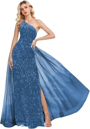 One Shoulder Sequin Prom Dresses Long for Women 2025 Mermaid Ball Gown Tulle Formal Evening Gowns