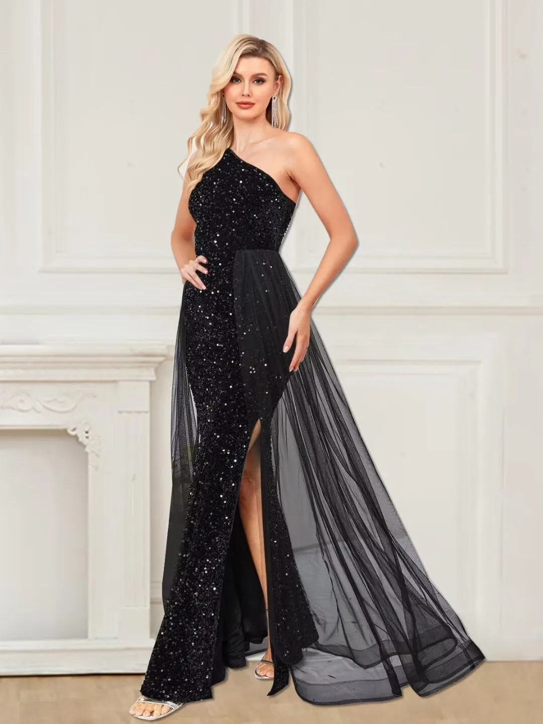 One Shoulder Sequin Prom Dresses Long for Women 2025 Mermaid Ball Gown Tulle Formal Evening Gowns