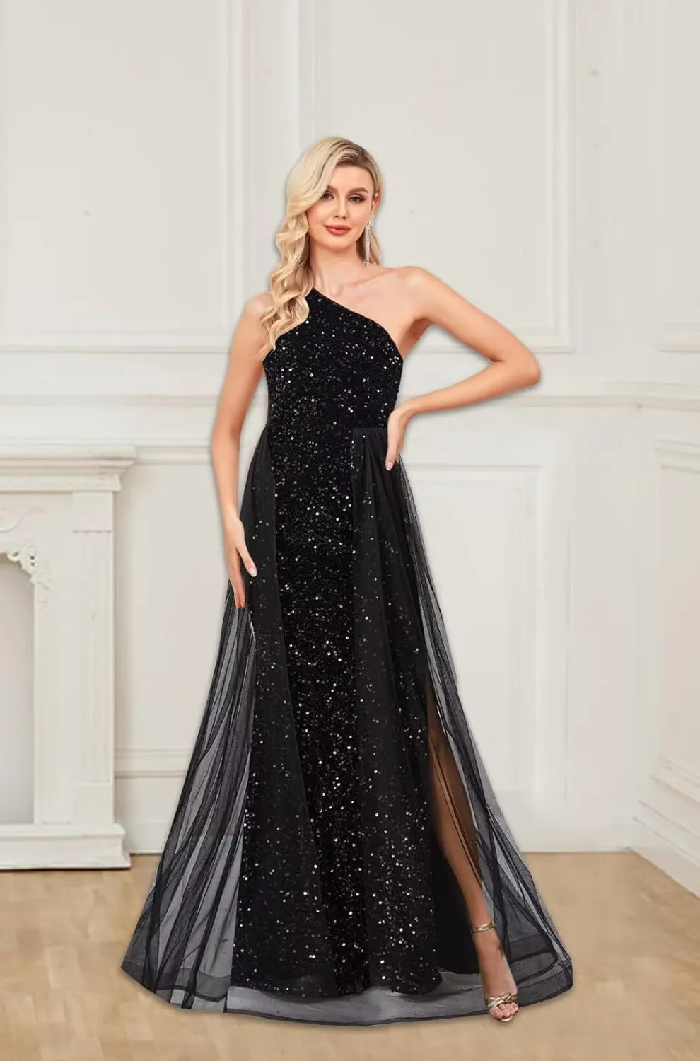 One Shoulder Sequin Prom Dresses Long for Women 2025 Mermaid Ball Gown Tulle Formal Evening Gowns
