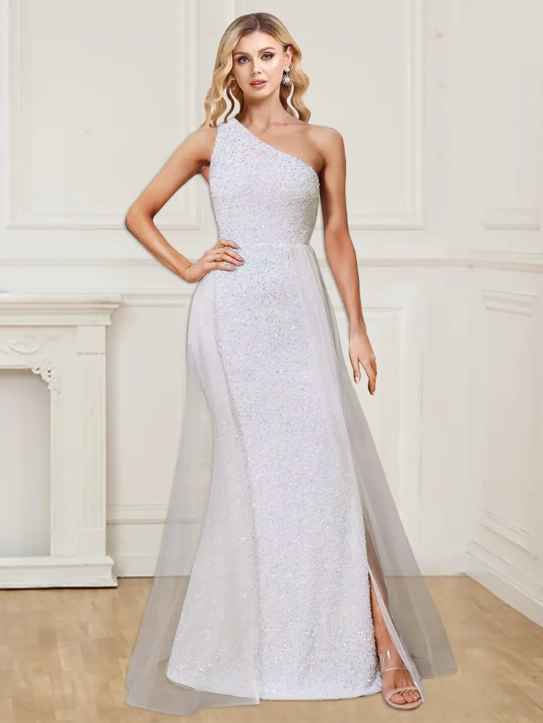 One Shoulder Sequin Prom Dresses Long for Women 2025 Mermaid Ball Gown Tulle Formal Evening Gowns