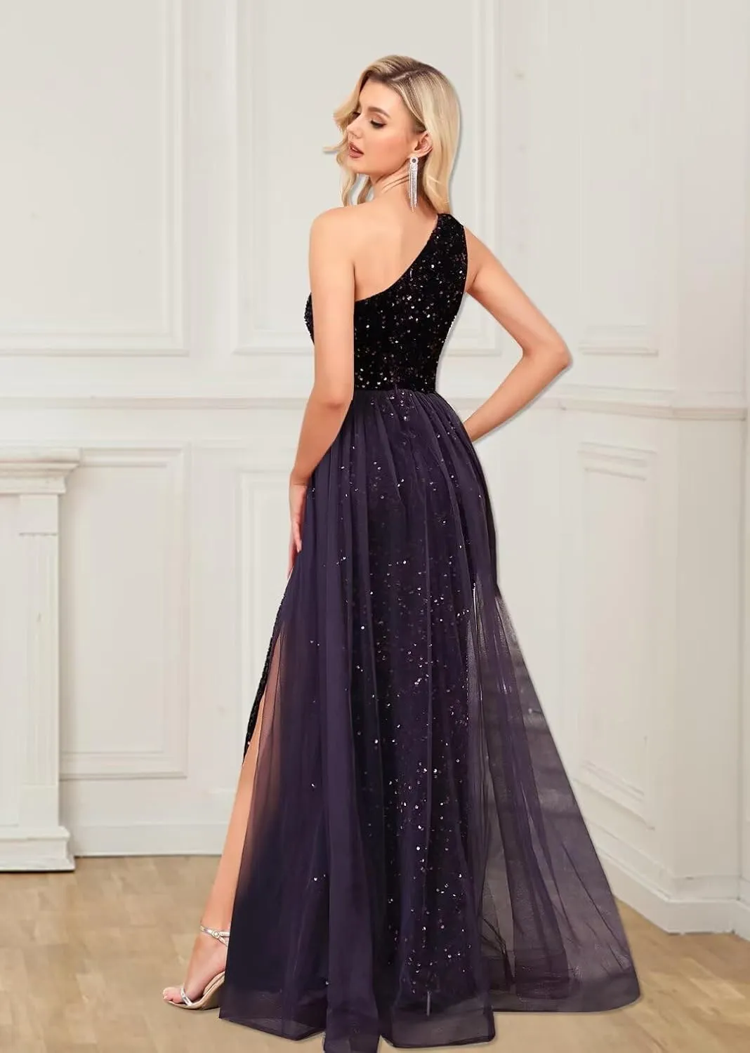 One Shoulder Sequin Prom Dresses Long for Women 2025 Mermaid Ball Gown Tulle Formal Evening Gowns