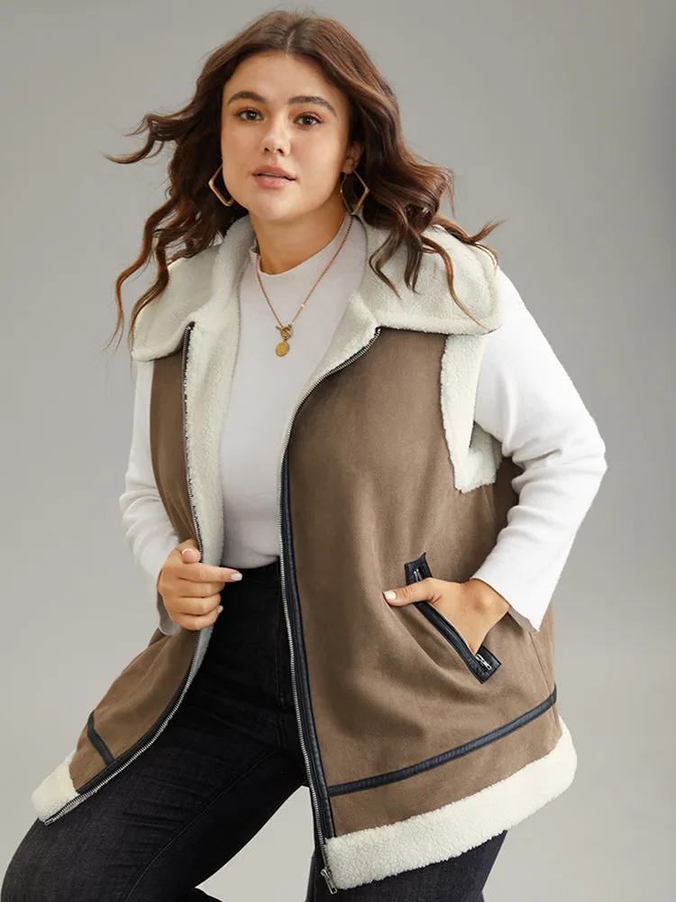 Patchwork Fuzzy Zipper Pocket Contrast Vest