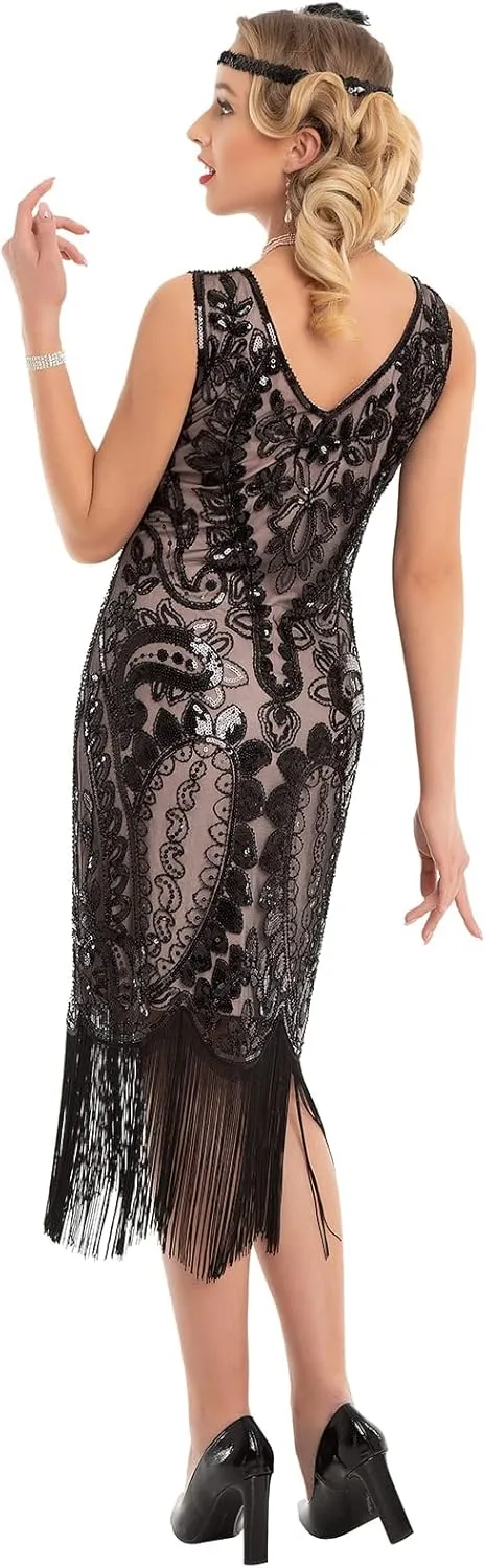 PrettyGuide Women's Flapper Dress Paisley Sequin Beaded Fringed 1920s Style Dress Art Deco Vintage Gatsby Dress