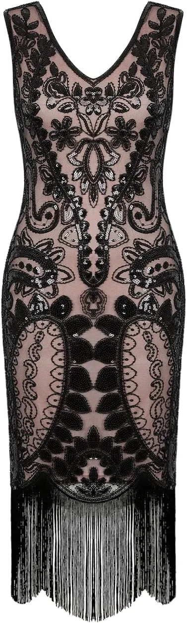 PrettyGuide Women's Flapper Dress Paisley Sequin Beaded Fringed 1920s Style Dress Art Deco Vintage Gatsby Dress