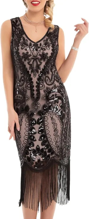PrettyGuide Women's Flapper Dress Paisley Sequin Beaded Fringed 1920s Style Dress Art Deco Vintage Gatsby Dress