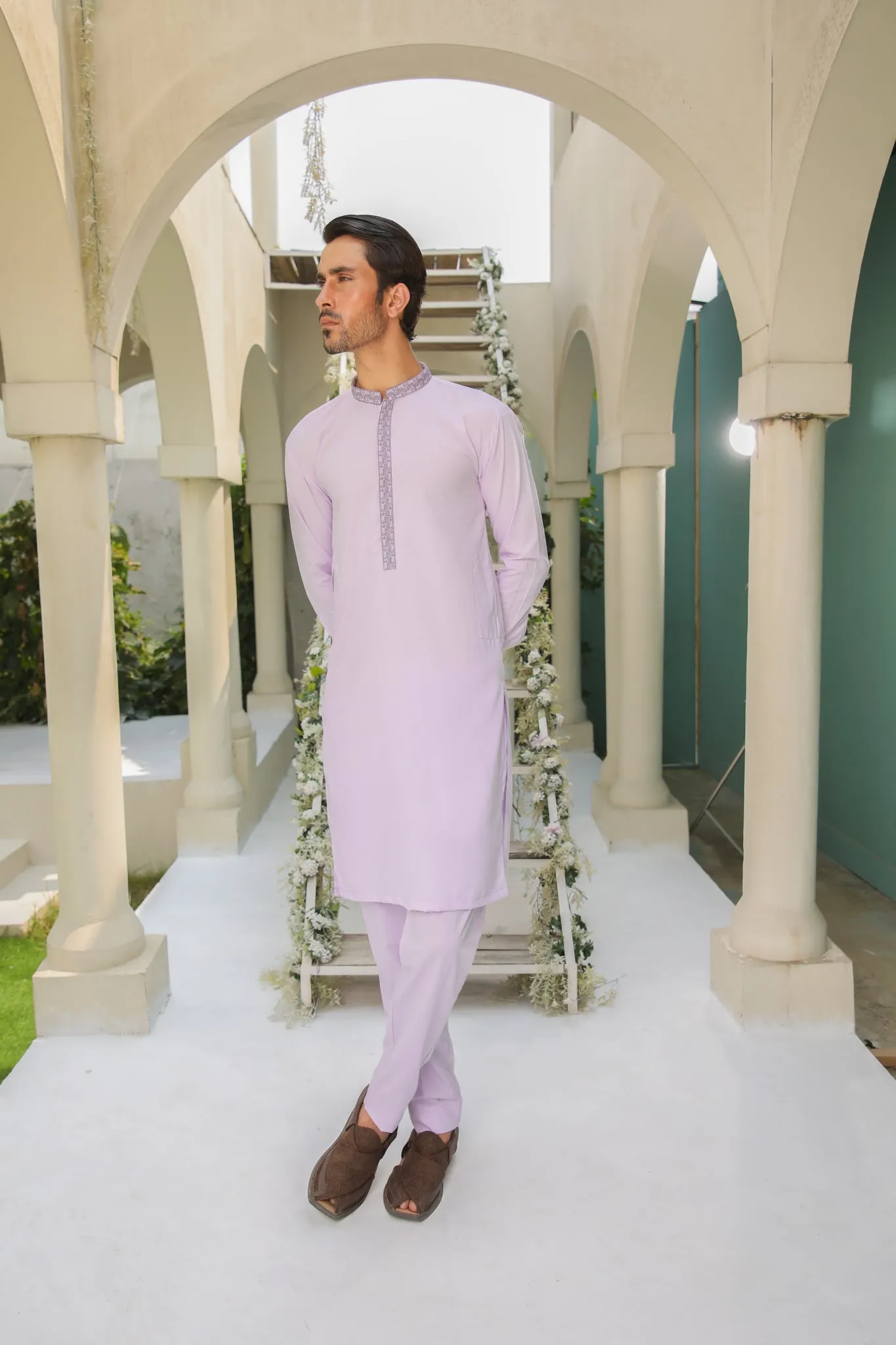 Purple Kurta Trouser - Collar Neck Embroidered - Men