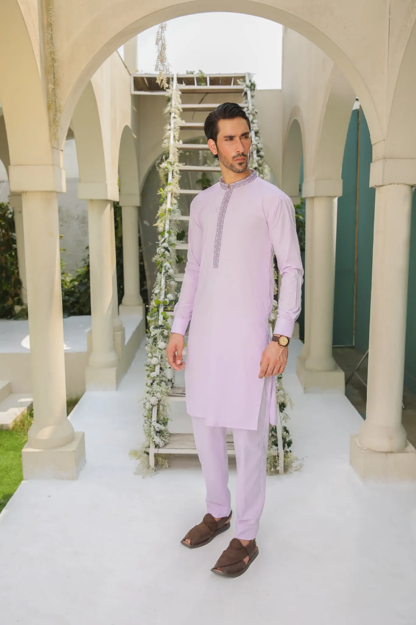 Purple Kurta Trouser - Collar Neck Embroidered - Men