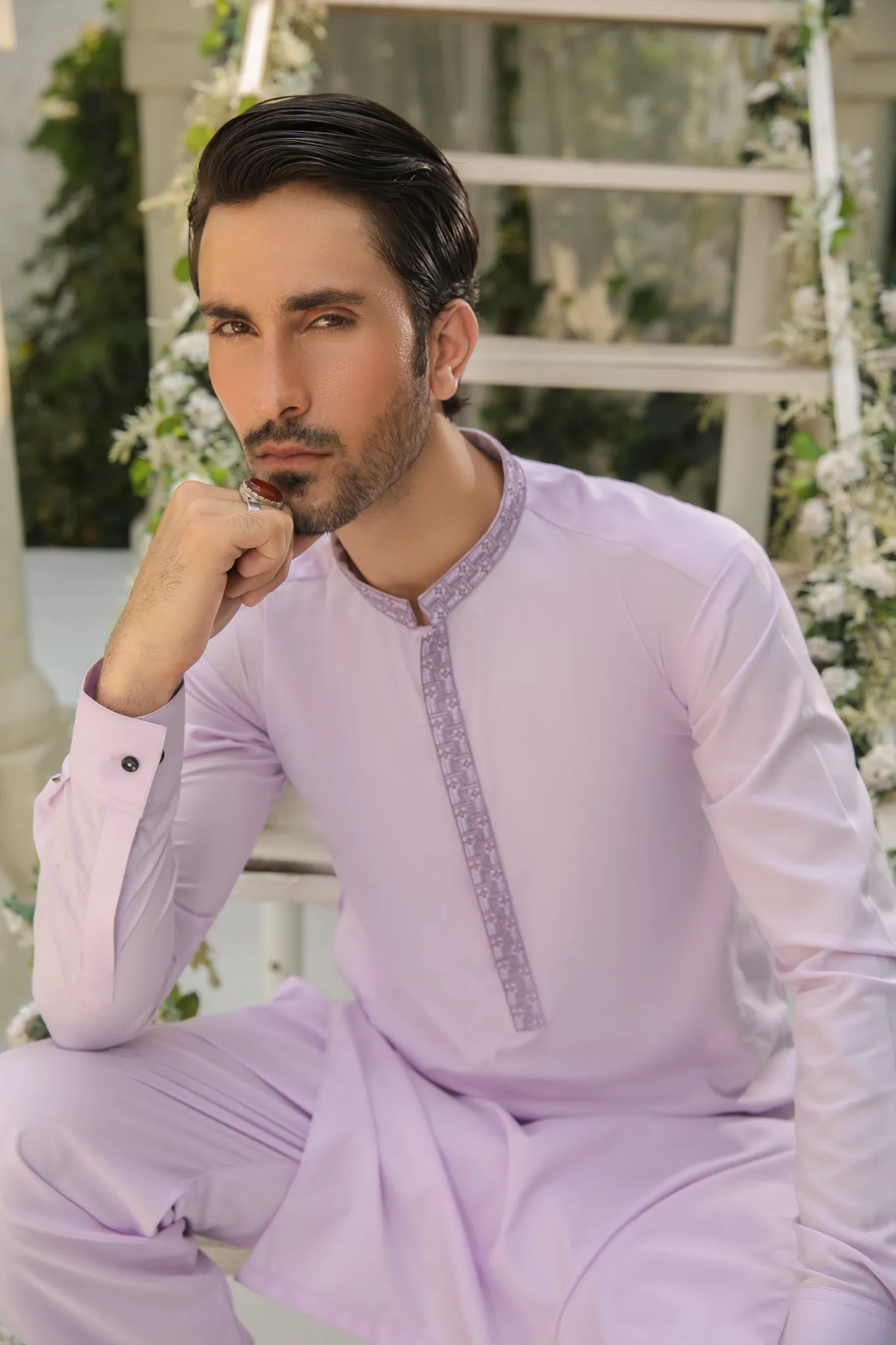 Purple Kurta Trouser - Collar Neck Embroidered - Men