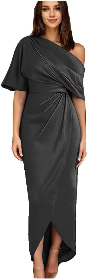 Raseal Women's One Shoulder Satin Mother of The Bride Dress with Sleeves Tea Length Fromal Evening Dress RS088