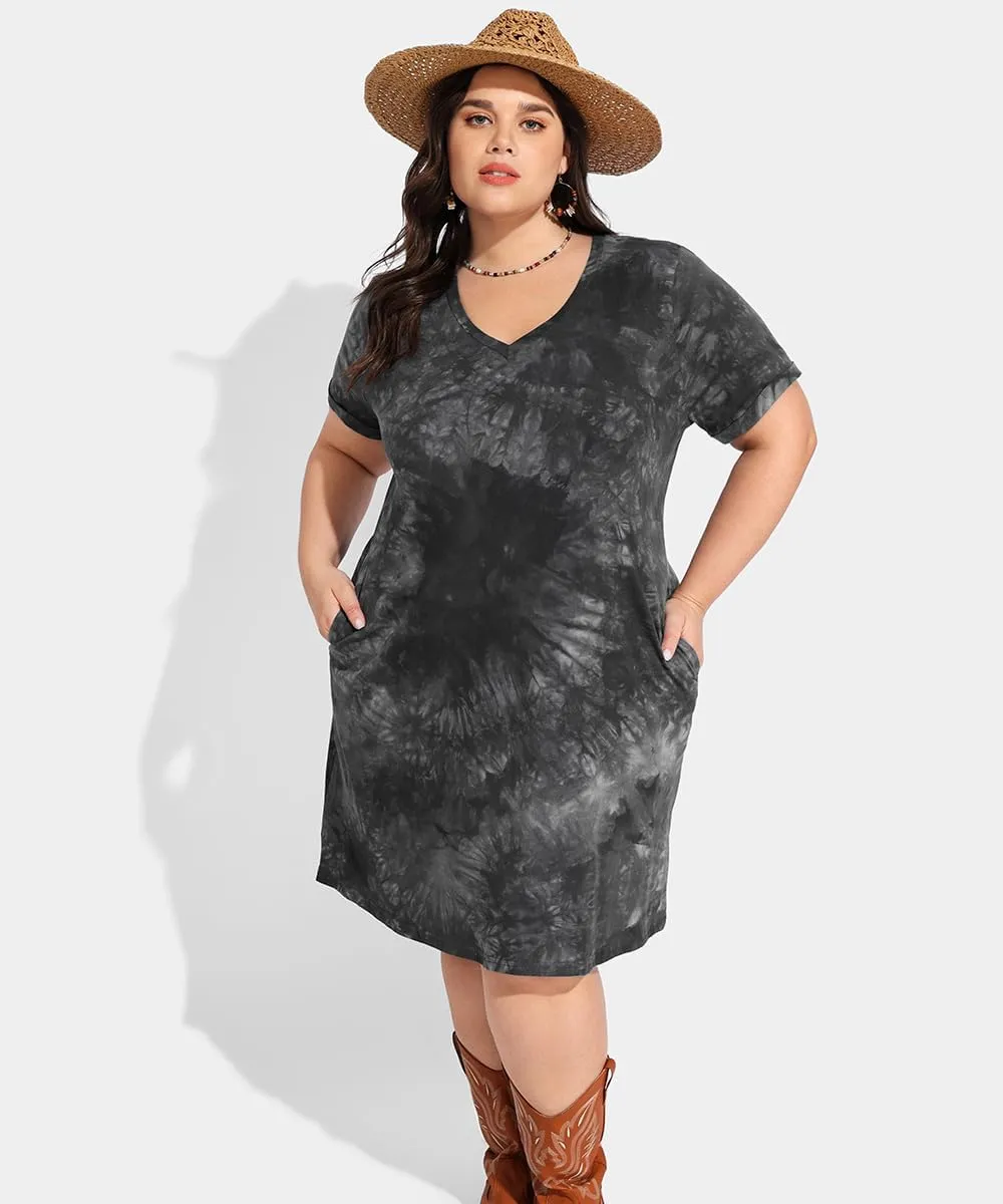 RITERA Plus Size Dresses for Women V Neck Casual Loose Pocket Short Sleeve Midi T Shirt Dress Summer Sundress XL-5XL 12W-28W