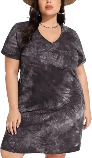 RITERA Plus Size Dresses for Women V Neck Casual Loose Pocket Short Sleeve Midi T Shirt Dress Summer Sundress XL-5XL 12W-28W