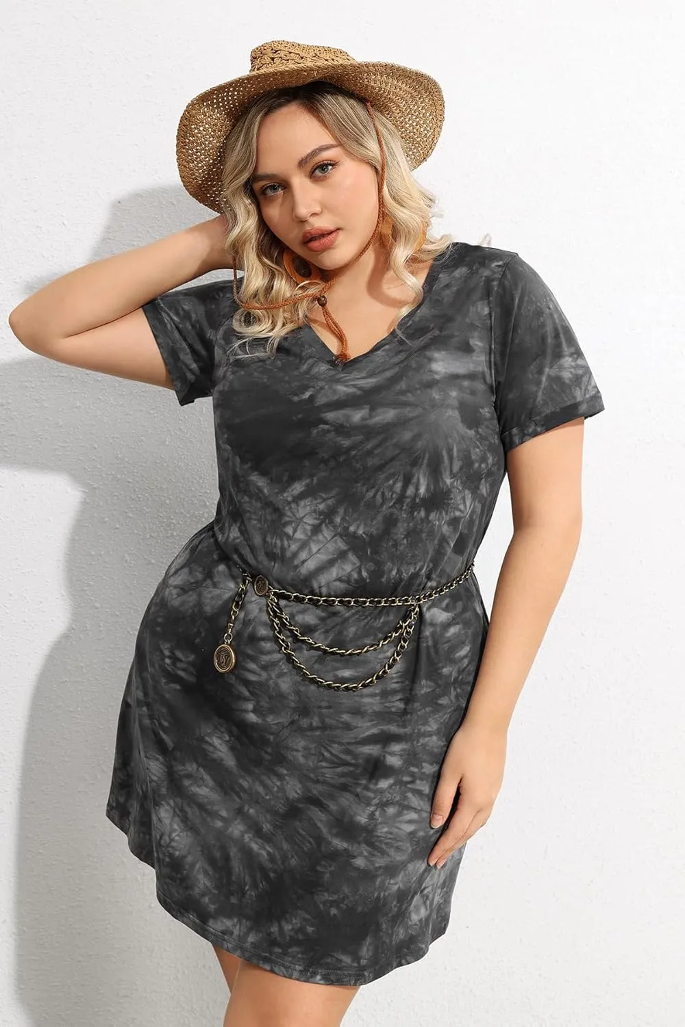 RITERA Plus Size Dresses for Women V Neck Casual Loose Pocket Short Sleeve Midi T Shirt Dress Summer Sundress XL-5XL 12W-28W