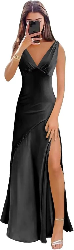 Satin Prom Dresses for Women 2025 V Neck Long Halter Pleated Evening Dress with Slit
