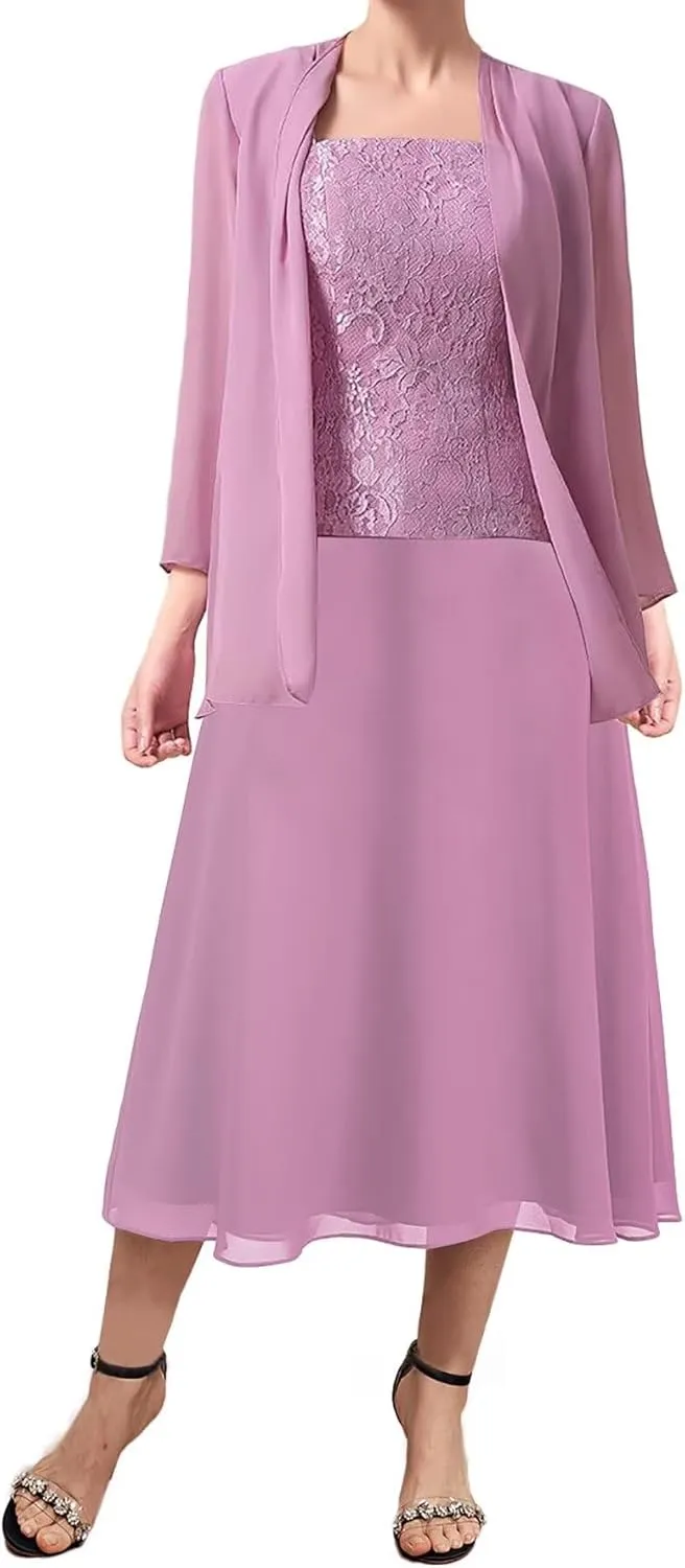 Scoop Mother of The Groom Dresses with Jacket 2 Pieces Wedding Guest Dresses for Women