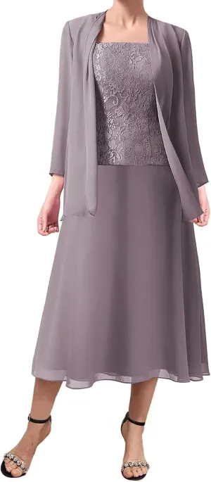 Scoop Mother of The Groom Dresses with Jacket 2 Pieces Wedding Guest Dresses for Women