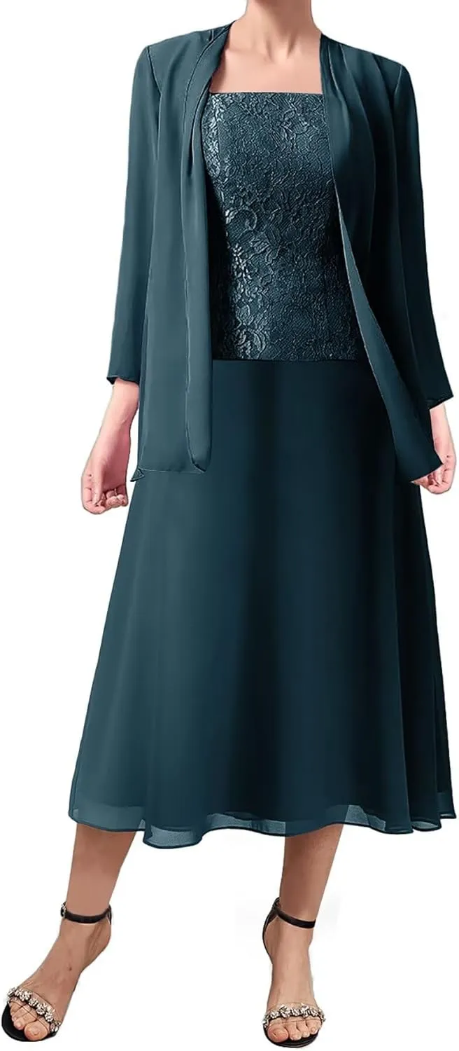 Scoop Mother of The Groom Dresses with Jacket 2 Pieces Wedding Guest Dresses for Women