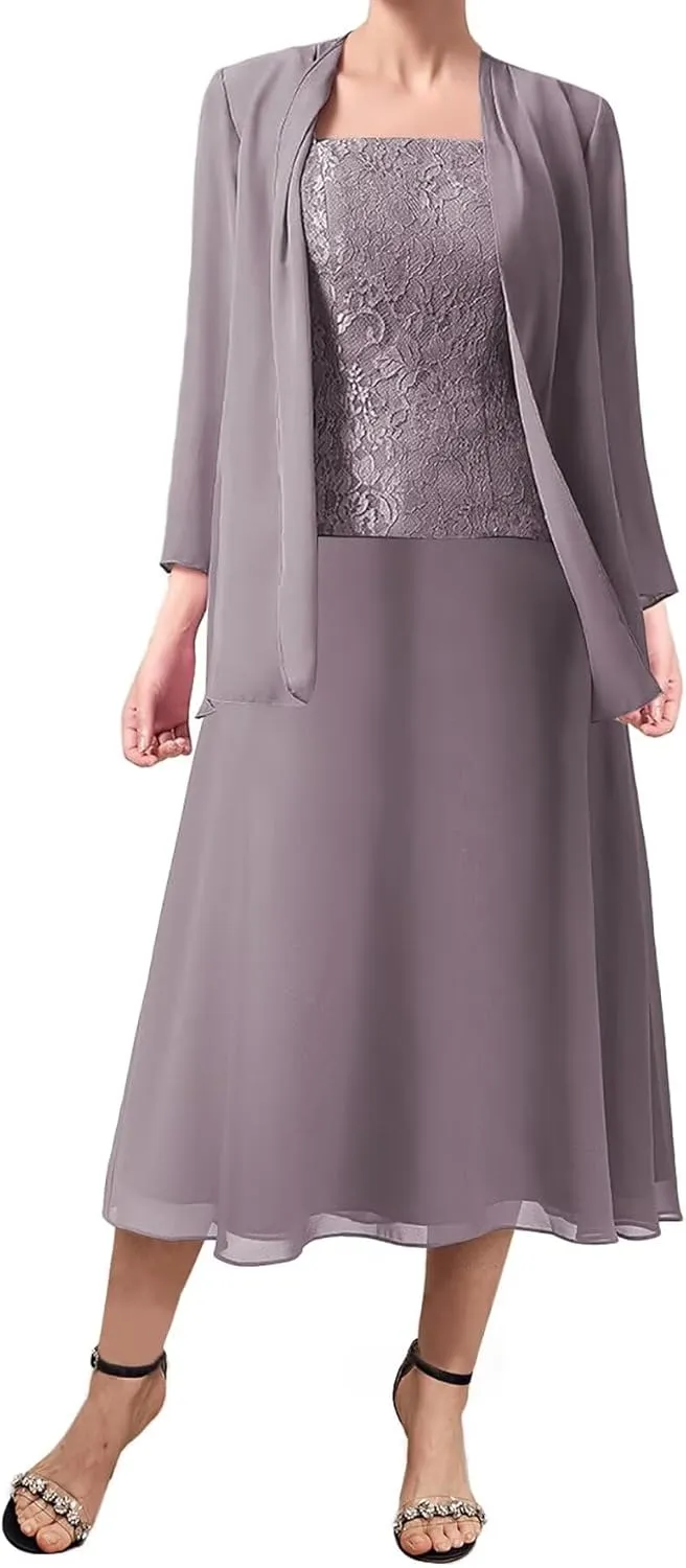 Scoop Mother of The Groom Dresses with Jacket 2 Pieces Wedding Guest Dresses for Women