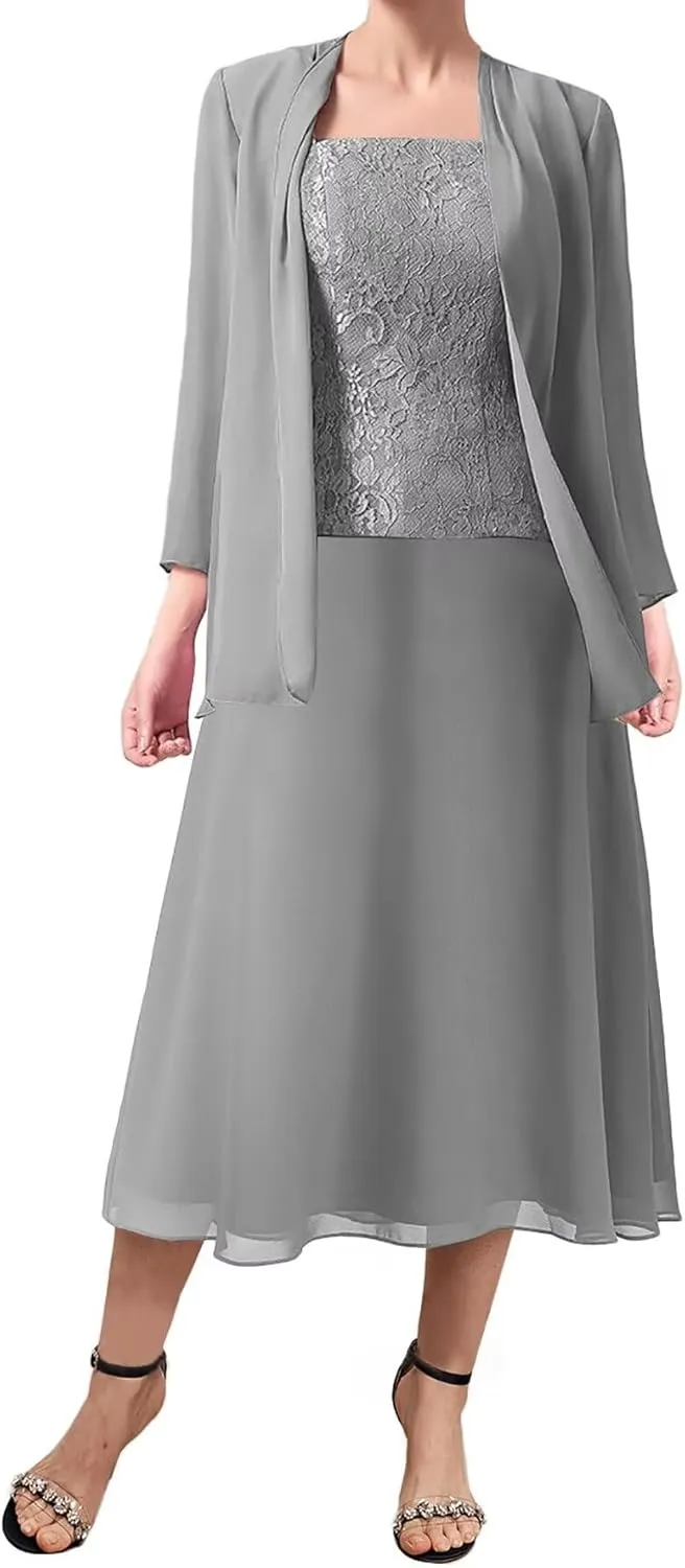 Scoop Mother of The Groom Dresses with Jacket 2 Pieces Wedding Guest Dresses for Women