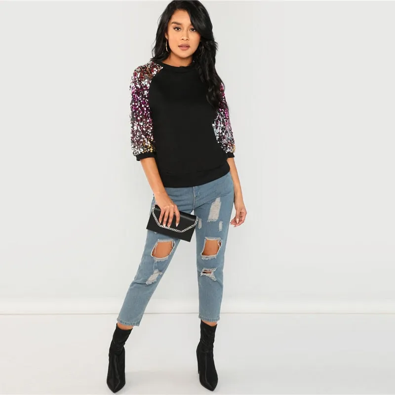 Sequin Colorblock 3/4 Length Raglan Sleeve Sweatshirt