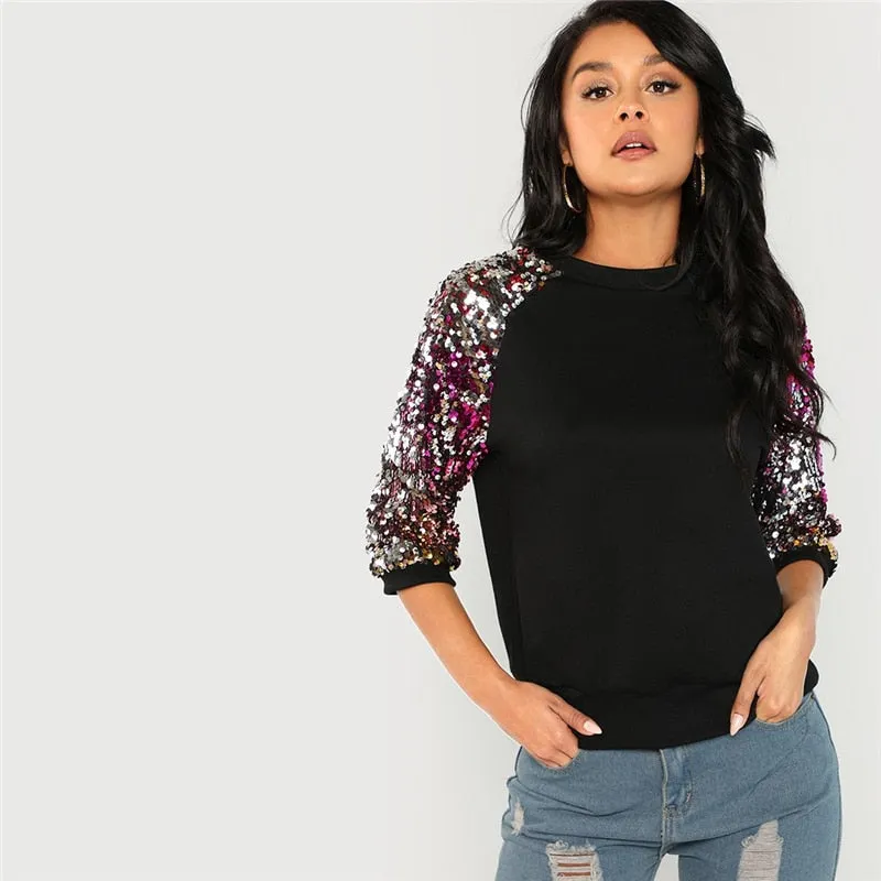 Sequin Colorblock 3/4 Length Raglan Sleeve Sweatshirt