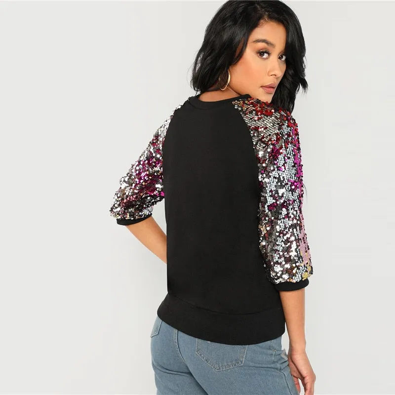 Sequin Colorblock 3/4 Length Raglan Sleeve Sweatshirt