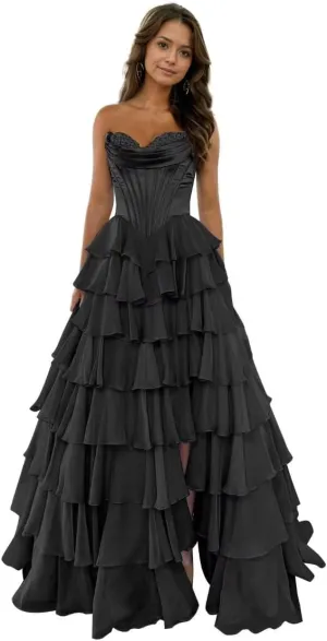 Strapless Prom Dresses for Women Tiered Chiffon Laces Formal Evening Party Gown with Slit ZX80