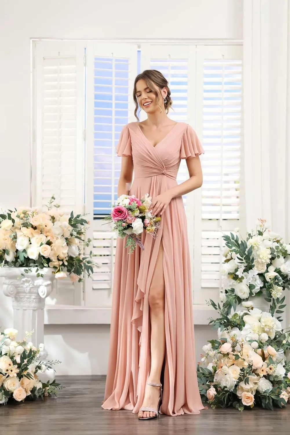 Stylefun Women's Chiffon Hi-Lo Bridesmaid Dresses Long Flutter Sleeves Formal Evening Gowns CYM282