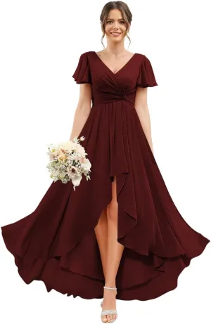 Stylefun Women's Chiffon Hi-Lo Bridesmaid Dresses Long Flutter Sleeves Formal Evening Gowns CYM282