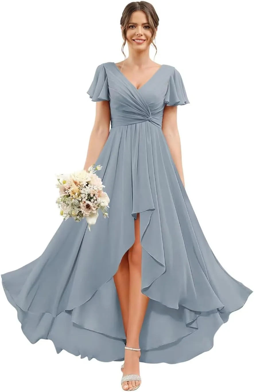 Stylefun Women's Chiffon Hi-Lo Bridesmaid Dresses Long Flutter Sleeves Formal Evening Gowns CYM282